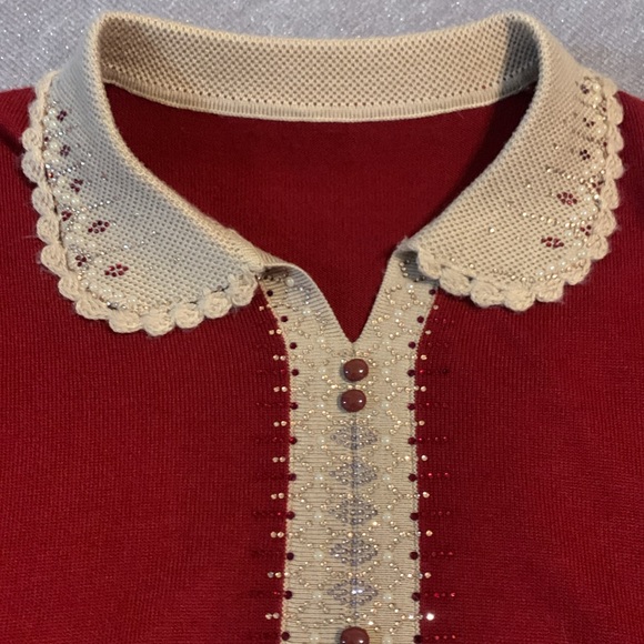Red Merino Wool Sweater w/ Cream Rhinestone Knit Collar/Lining Sz L/XL - Picture 2 of 8